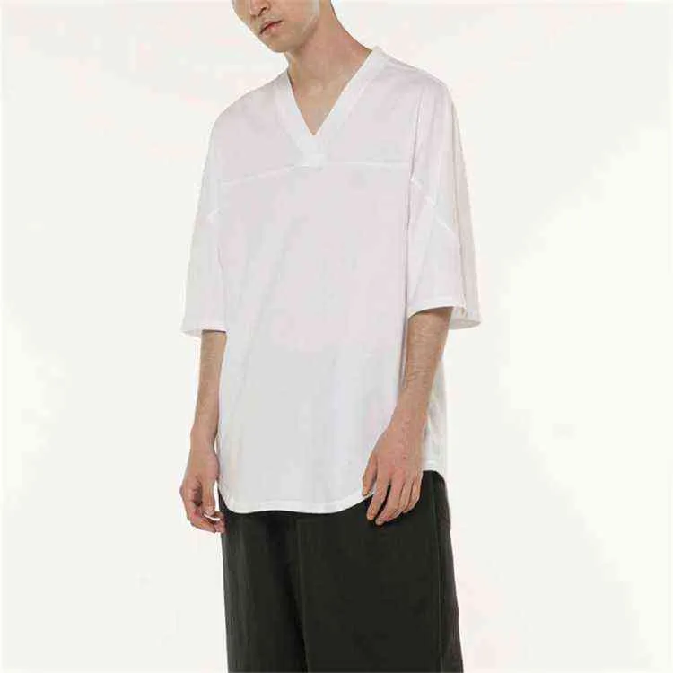Herren 5-Ärmel-T-Shirt Neues Sommer-Shirt mit lockerem Boden Lässiges Hip-Hop-V-Ausschnitt Dünnes Baumwoll-Hanf-Jugend-T-Shirt L220704