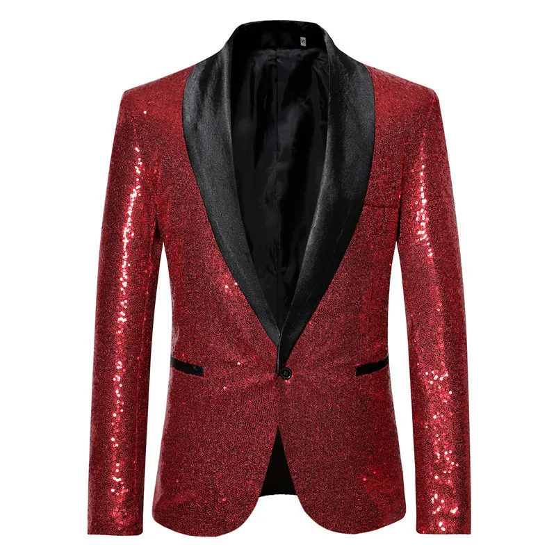 Mens Shiny Gold Sequin Glitter Blazer Jacket Fashion Shawl Collar One Button Suit Blazer Men Stage Singer Costume Homme 220801