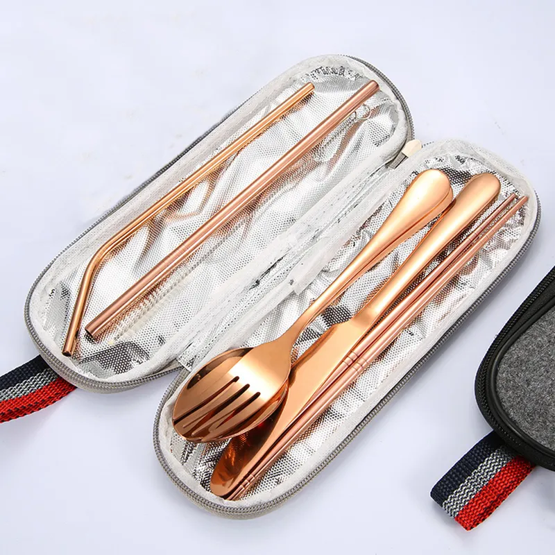 Tableware Reusable Travel Cutlery Set Camp Utensils Set with stainless steel Spoon Fork Chopsticks Straw Portable case 220307