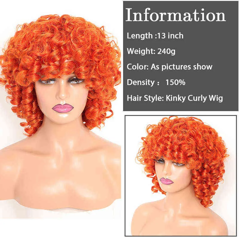 Kurze verworrene lockige orangefarbene Perücken für schwarze Frauen, 30,5 cm, Afro-Ingwer mit Pony, natürliche synthetische braune schulterlange Perücke 220707