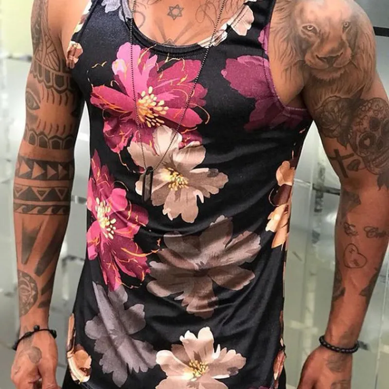 Tank Top Floral Print Summer Mens Clothing Gym Sportwear Man Fitness Tshirt Casual Slim Fit Sleeveless Vest Tops 220618