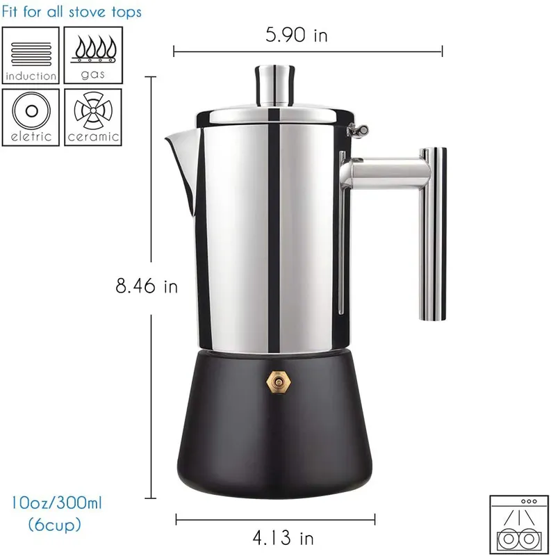 300 ml 304 roestvrijstalen geiser koffiezetapparaat inductiekoker espresso pot moka pot italian machine 220509