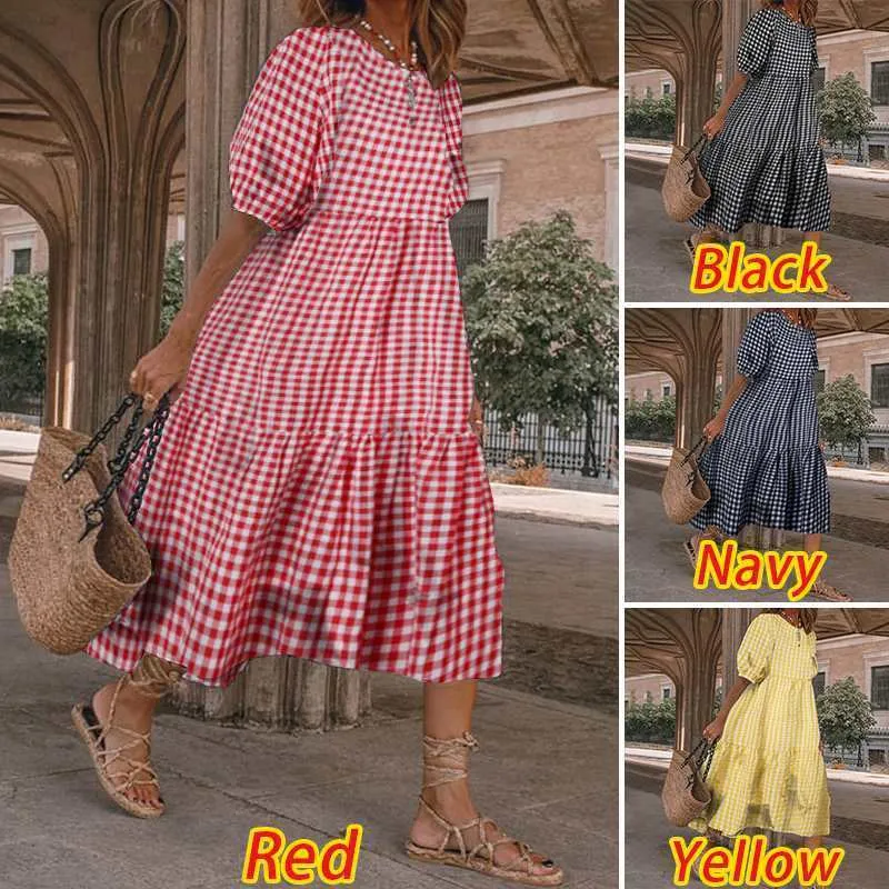 VONDA femmes imprimé Robe à carreaux Robe Vintage manches bouffantes Robe Midi décontracté bohème ample Robe de vacances 220527