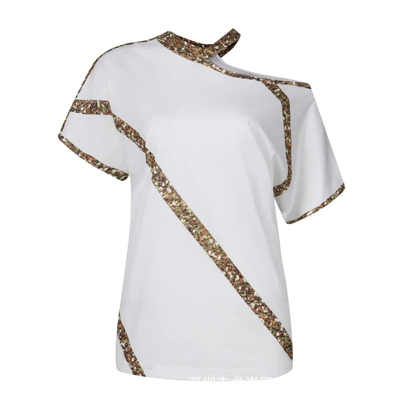Fashion Sequins Stripe Stitching White T-shirt Summer Sexy Off Shoulder Short Sleeve Tshirt Women Casual Street Black Tops 220511