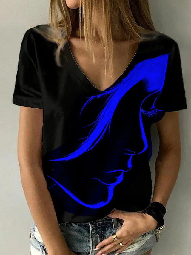 Moda mujer retrato abstracto pintura camiseta de talla grande estampado verano cuello en V Tops básicos negro 3D impresión camisa 220526