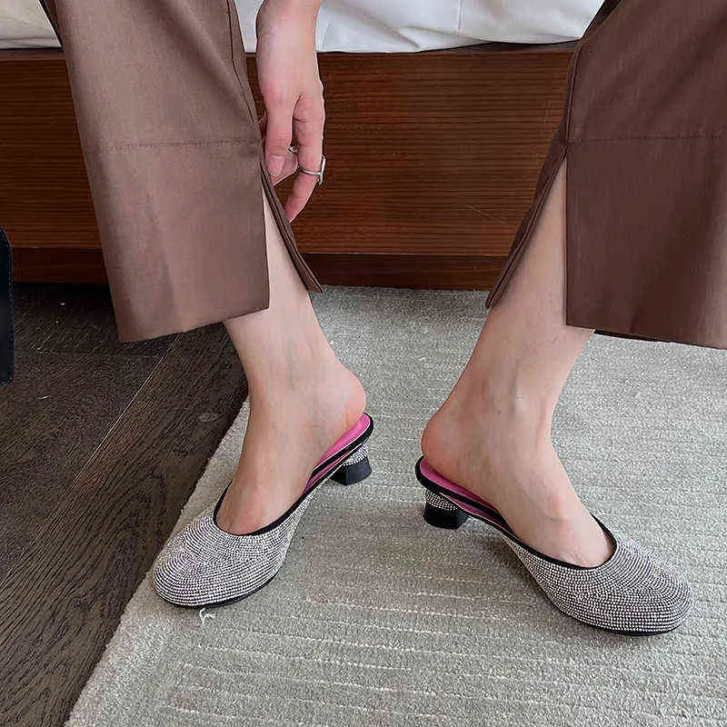 Slippers Round Toe Women Slides Fashion Full Rhinestone Crystal Mid Heels Summer Slipper Mules Shoes Woman 220328