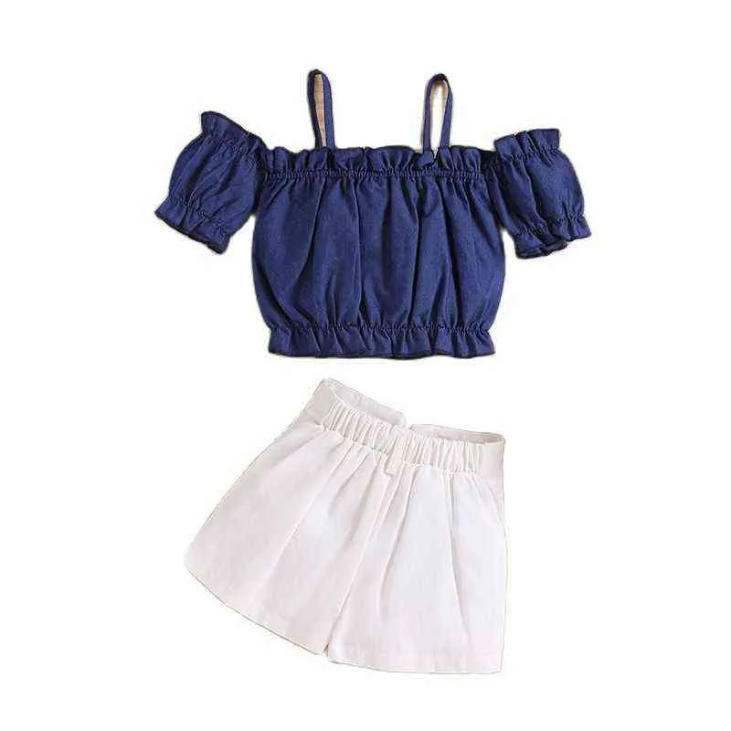 2022 Girl Set Summer Kid Clothes Fashion Suspenders Off-The-Shoulder Top+Shorts Children Clothes G220509