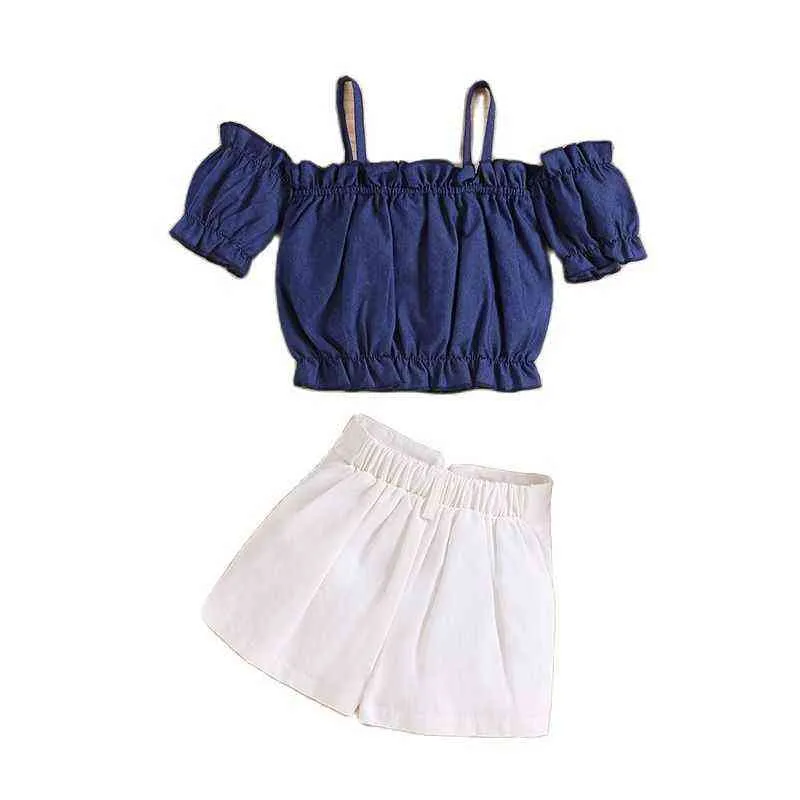 2022 Girl Set Summer Kide Fashion Supenders Off-Thoulder Top Шорты Детская одежда G220509