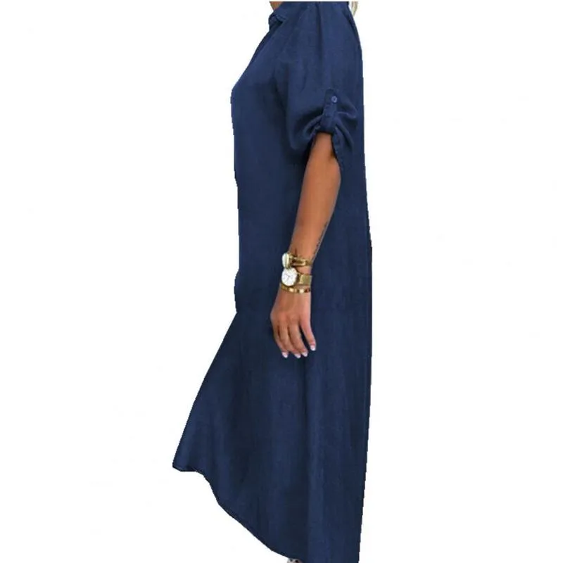 Luźna dżinsowa sukienka Kobiety zabytkowe pół rękawie bokiem bokiem bokiem na brzeg v szyja długa elegancka impreza 220613
