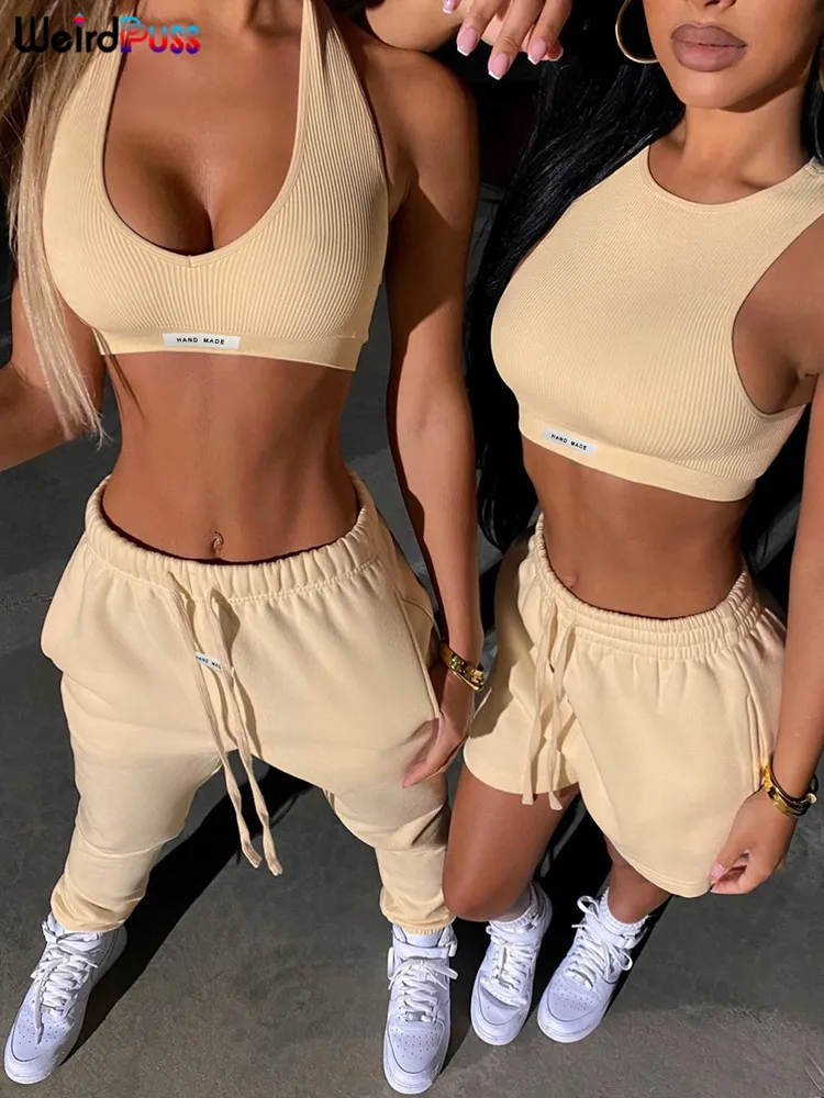 Estranho puss feminino desportivo 2 peça conjunto carta etiqueta ternos de fitness esportes colete + shorts suor combinando sólido estiramento magro streetwear