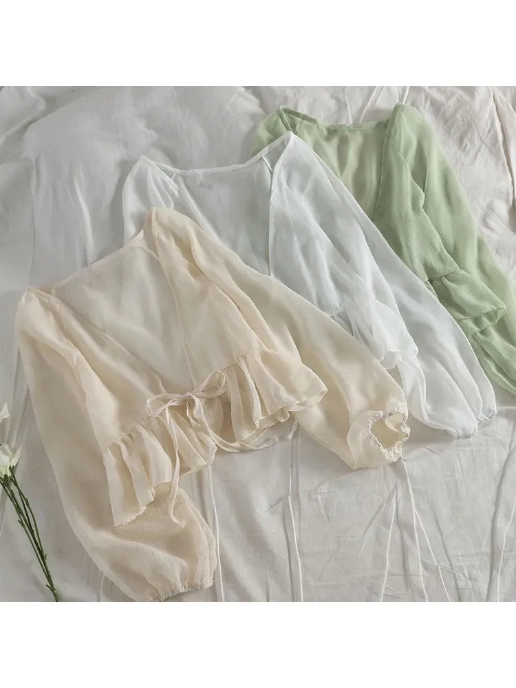 Kadınlar Yaz Güneş Koruma Ceket Dantel Yay Çırpma Hardigan Kadın Bluz Üstleri Kadın Kapakları Blusa Beyaz Y2K Kore Gömlek 220726