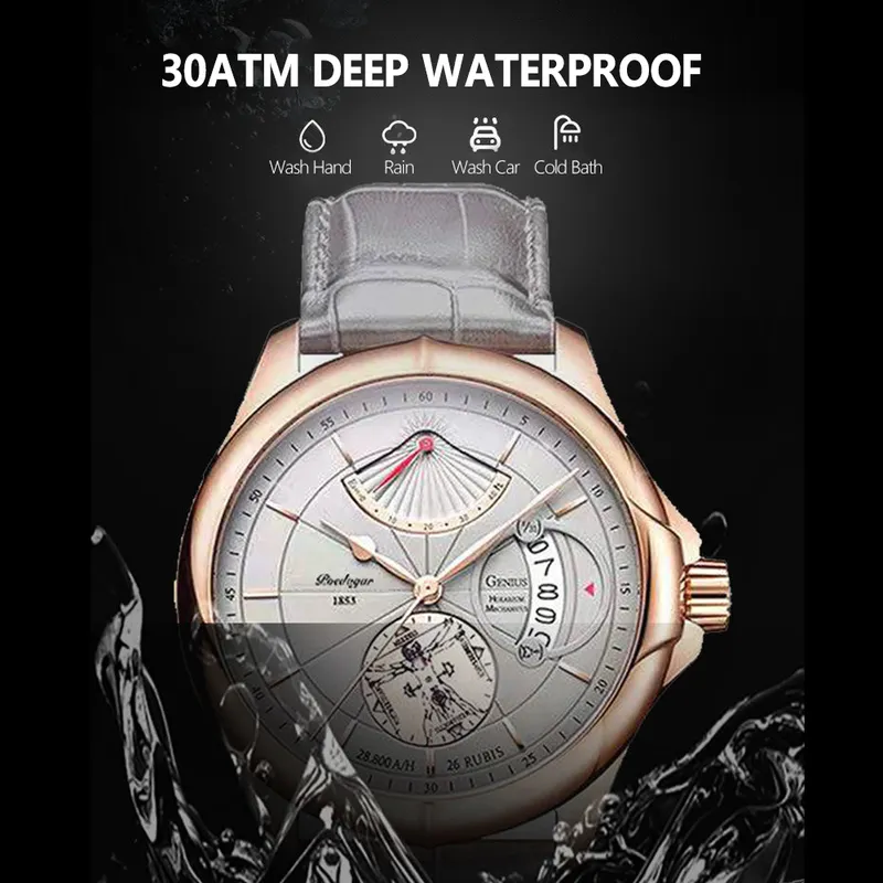 Swiss varumärke Poedagar Men tittar på mode Top Luxury Sport Men's Wristwatch Waterproof Lysande läder Datum kvartsklockor MAN 250F