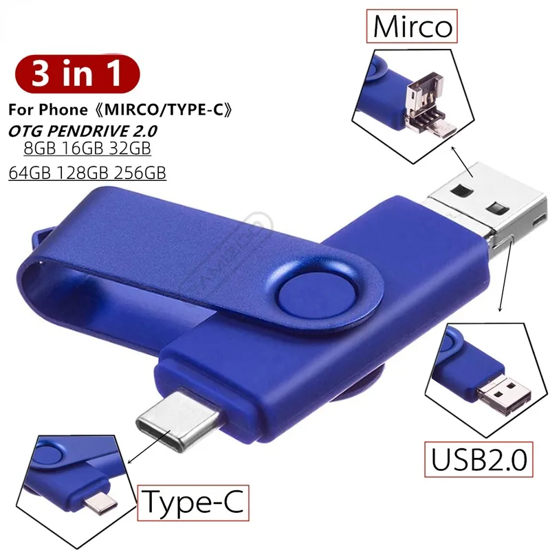 For Android OTG 3 in 1 USB Flash Drives Type-C & Micro 512GB 256GB 128GB 64GB 32GB 16GB Pendrives Pen Drive Cle For Phone
