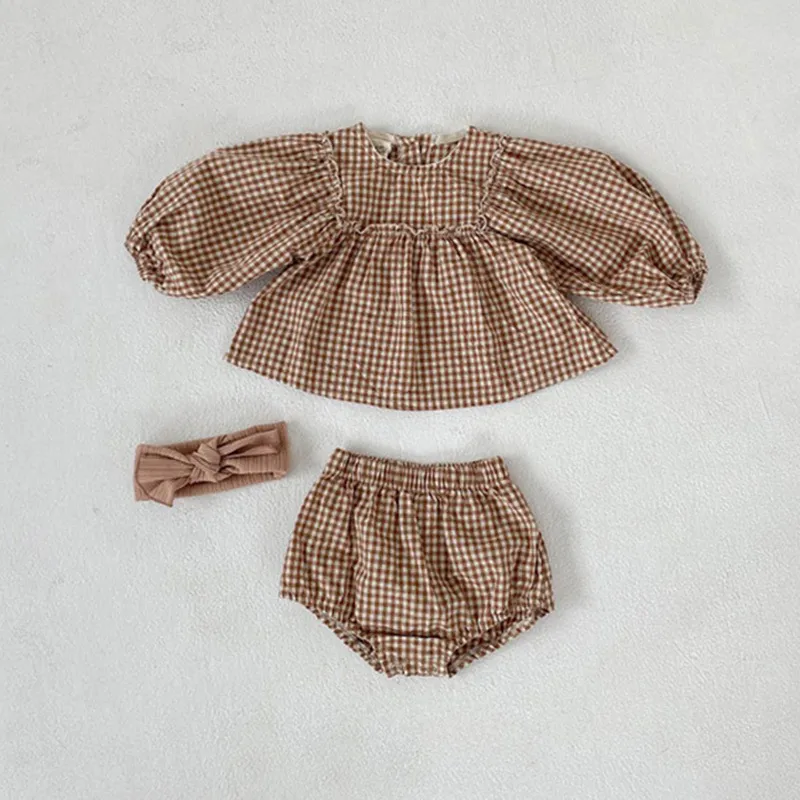 Baby Girls Suit Clothes Little Plaid Infant Set Puff Sleeve Blouse + Bloomer Toddler 220507