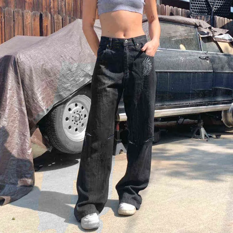 Retro Grunge Wing Print Schwarze Jeans Vintage Gothic Casual Baggy Denim Streetwear Jogger Reißverschluss Lange Hosen Weiblich Cuteandpsycho T220728