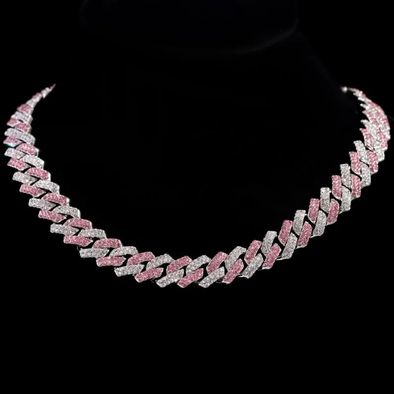 Chains HipHop Pink Crystal 14MM Rhombus Prong Cuban Link Chain Necklace For Women Full Rhinestones Pave Iced Out JewelryChains273l