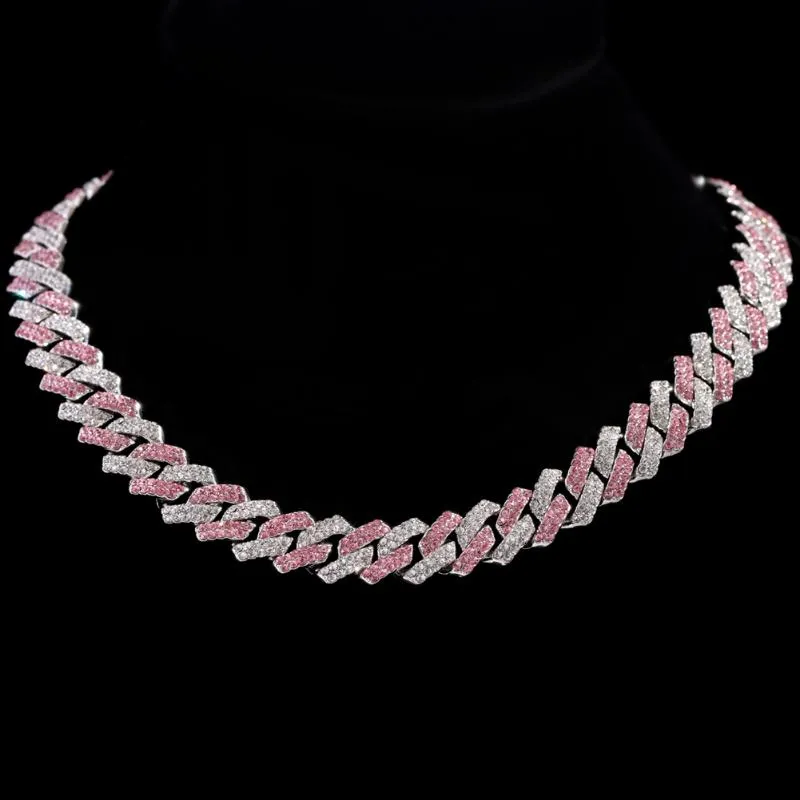 Correntes HipHop Rosa Cristal 14mm Rhombus Prong Cuban Link Chain Colar para Mulheres Strass Completo Pave Gelado Out JewelryChains2251