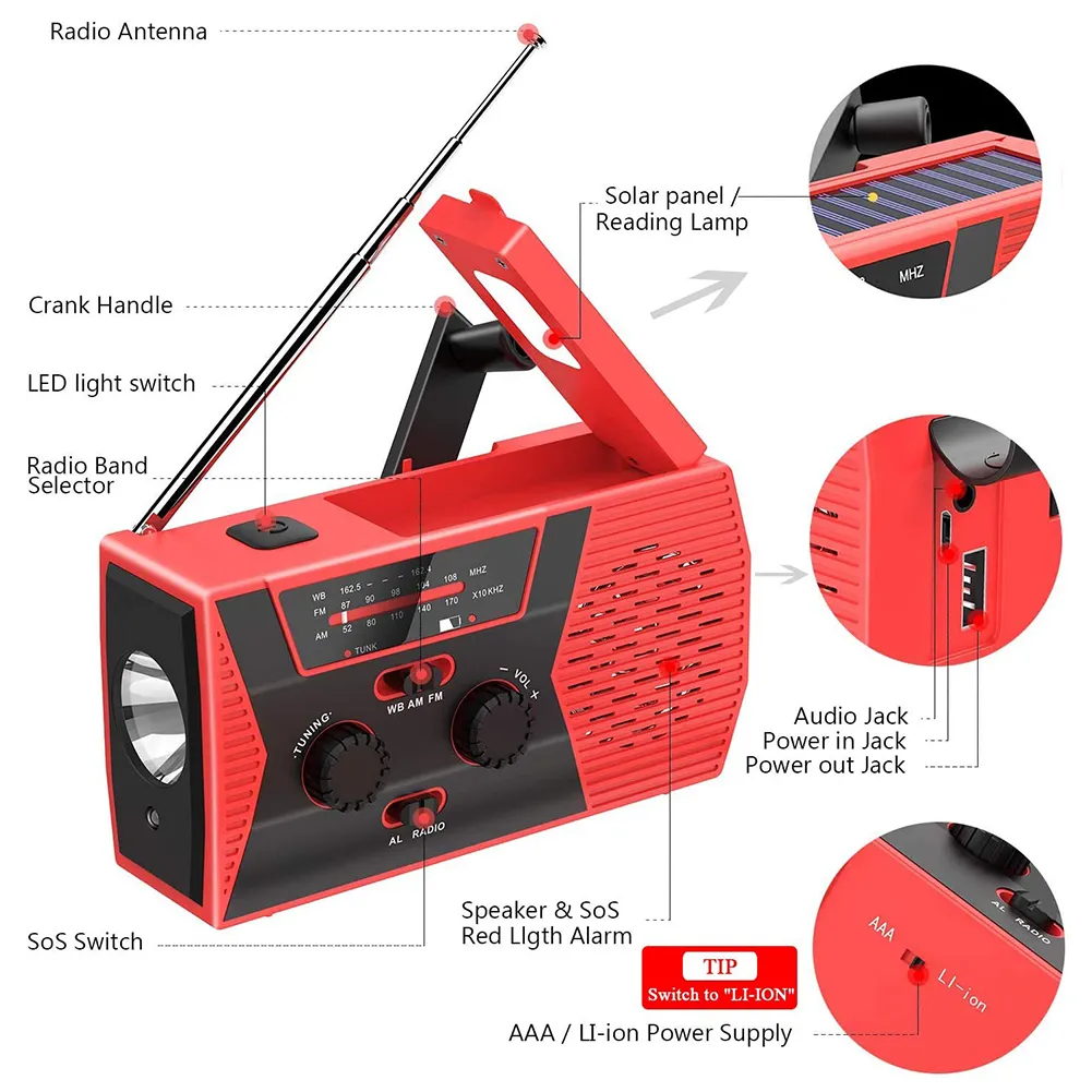 휴대용 다기능 태양 비상 라디오 핸드 NOAA / AM / FM 시간 밴드 알람 램프 독서 야외 캠핑 생존 도구