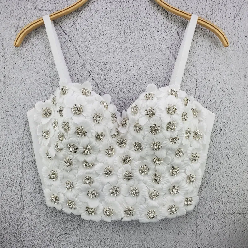 Sexy Bra Tops Diamante Beading Flores Tops Push Up Bralet Mulheres Espartilho Bustier Bra Night Club Party Cropped Top Vest F2047 220331