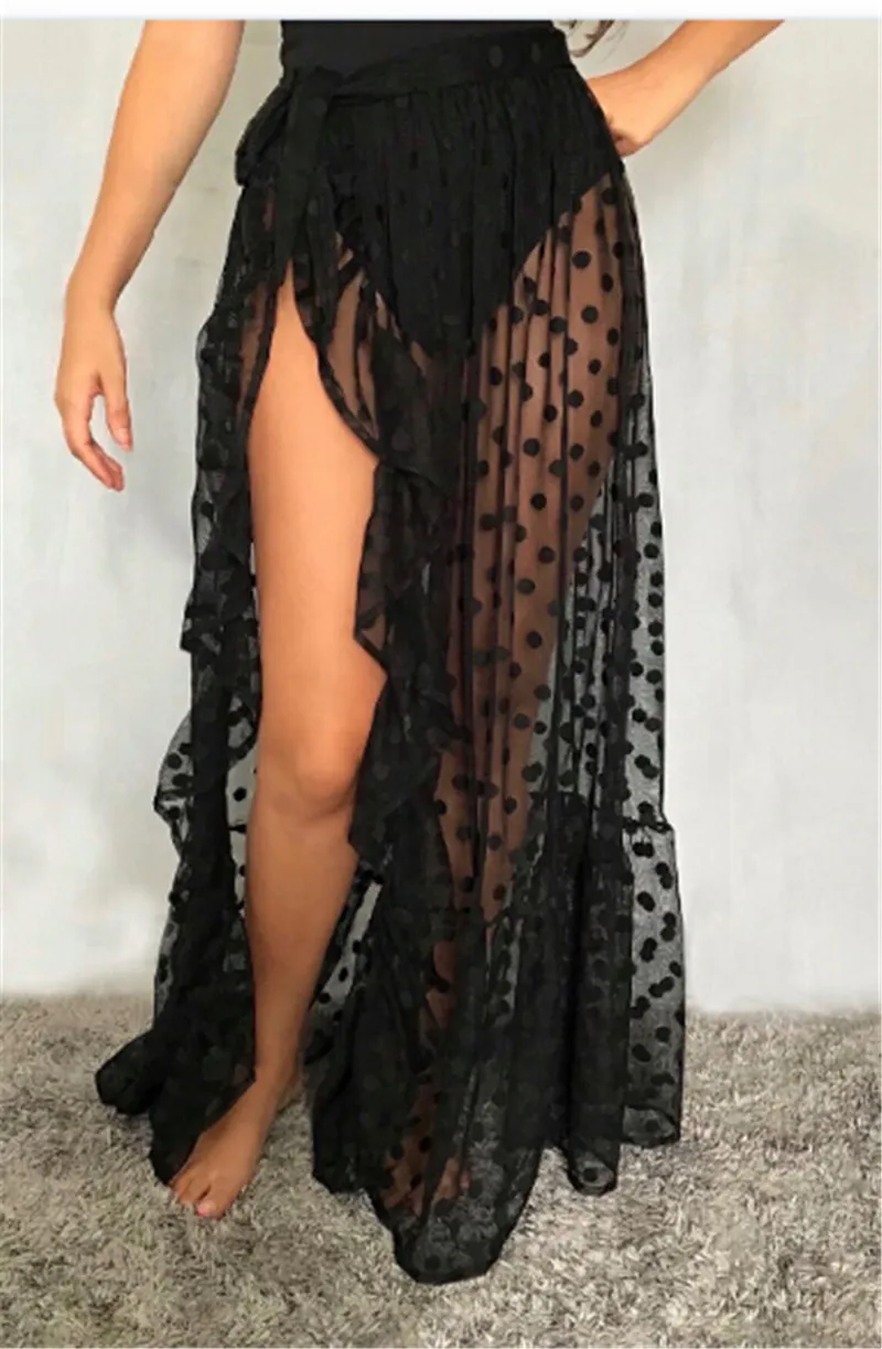 Sexy Women Mesh Sheer Beach Bikini Cover Ups Vacation Sunscreen Wrap Skirt RufflesDot High Waist Split Up 220524