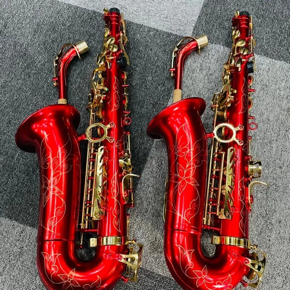 Brandneues rotes Eb-Profi-Altsaxophon-Röhrengehäuse mit geschnitzter Schale und vergoldeten Tasten. Es-Altsaxophon-Spielinstrument