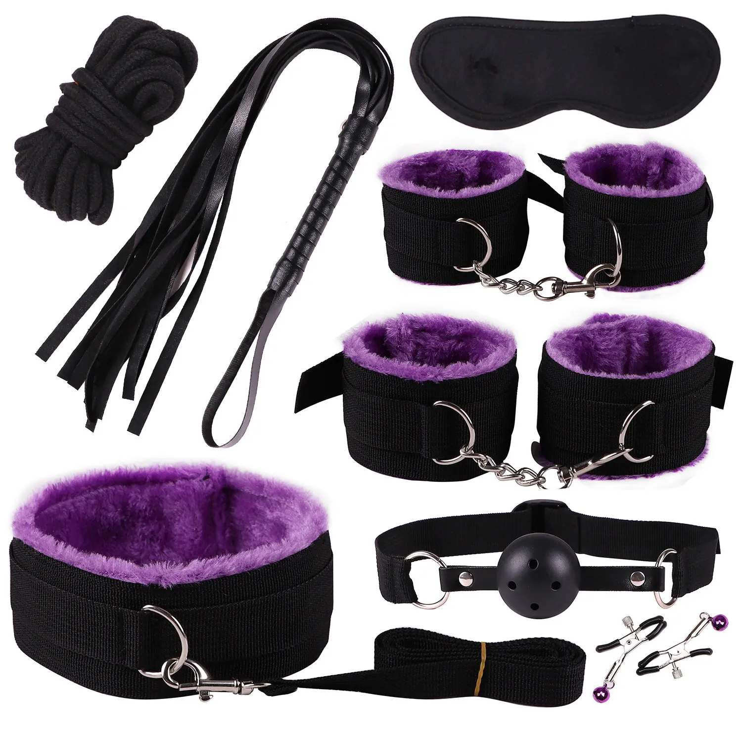 Kit de bondage BDSM 8 pièces/ensemble, menottes, pinces à tétons, boule Gag, fouet, corde en coton, jouets sexy pour Couples, masque pour les yeux, collier de cou
