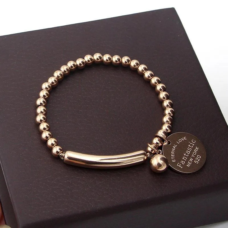 Bracelet de perles en acier inoxydable pour femmes, chaîne à maillons, étiquette circulaire, breloque, fil extensible, fantastique amour éternel, York 288d