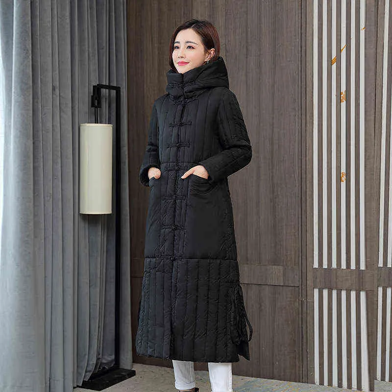 Qingwen Autumn Winter Chinese Style Cotton Quilted Jacket Women long thick jacket loose x-long single boostedフード付きカジュアルパーカーl220725