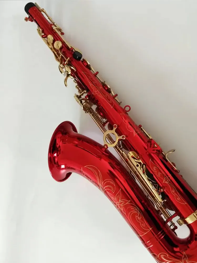 Röd B-Key Professional Tenor Saxofon Mässing Gravering av guldpläterad mönster Professionell Tone Tenor Sax Jazz Instrument