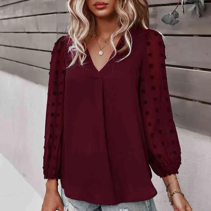 Chiffon pula malha tops mulheres cor sólida coloração de camisas casuais vastas de manga longa de manga longa lady tops blusas mujer l220705