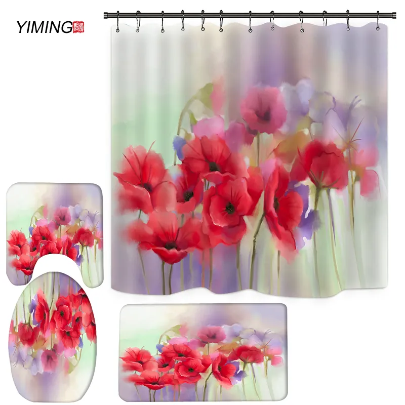 YIMING floral fragrance printing bathroom set shower curtain bathroom mat toilet cover set shower curtain home decoration 220517