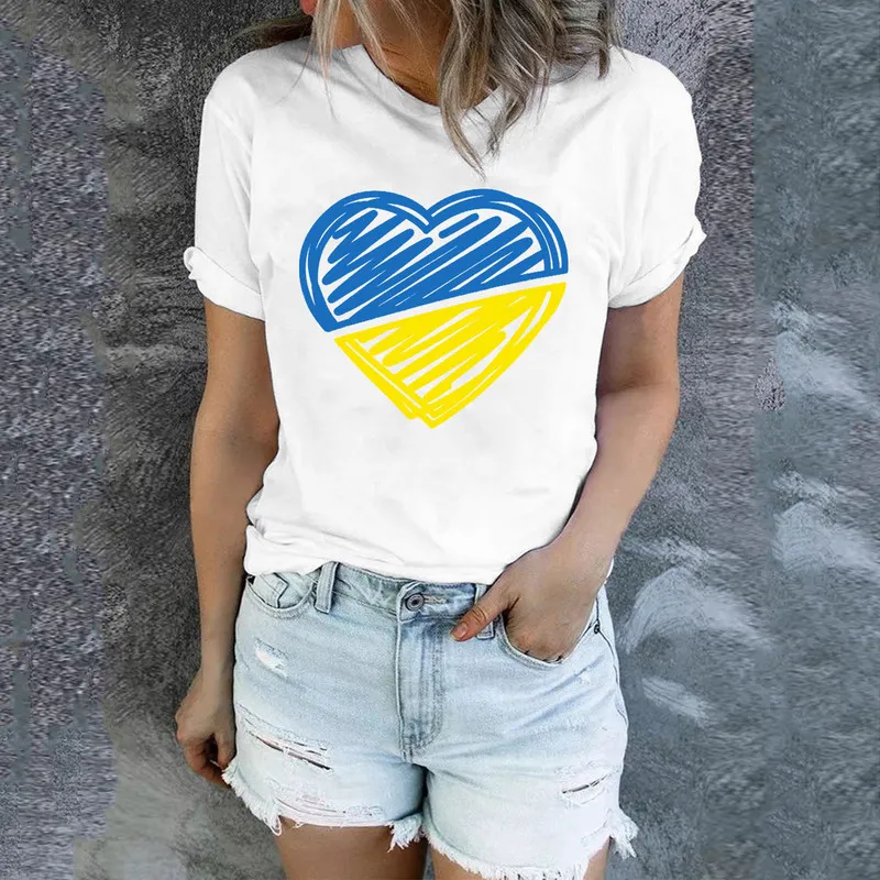 Zomer vrouwen tops Oekraïne print t -shirts bule en geel hartpatroon tees dame tienermeisjes casual streetwear kleding a35 220615