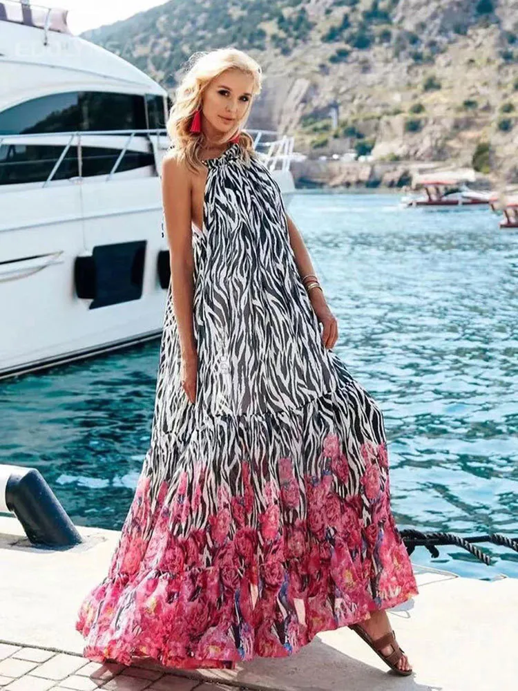 Casual Printed Loose Large Hem Dress Sexig ärmlös Lady Beach Maxi Dress Summer Fashion Elegant Boho Dresses A1080 220527