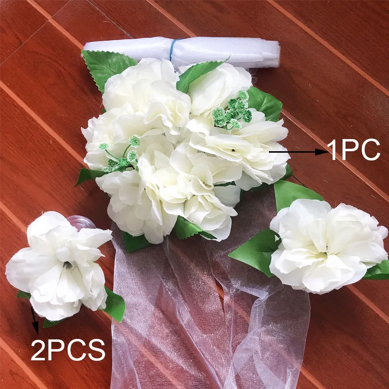 Fleur artificielle de rose blanche pour décoration de voitures de mariage décorations nuptiales   poignée de porte rubans en soie 220512