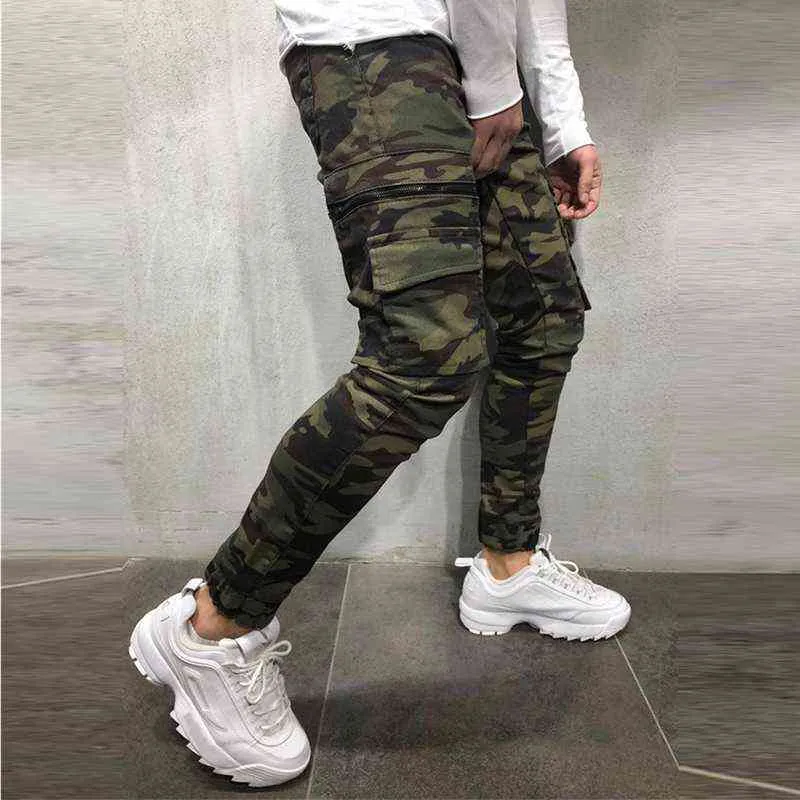 Camouflage Style Hommes Jeans Jogger Pantalon Militaire Pantalon Slim Multi-Poche Cargo Pantalon Hip Hop Couleur Unie Crayon Jeans Hommes G0104