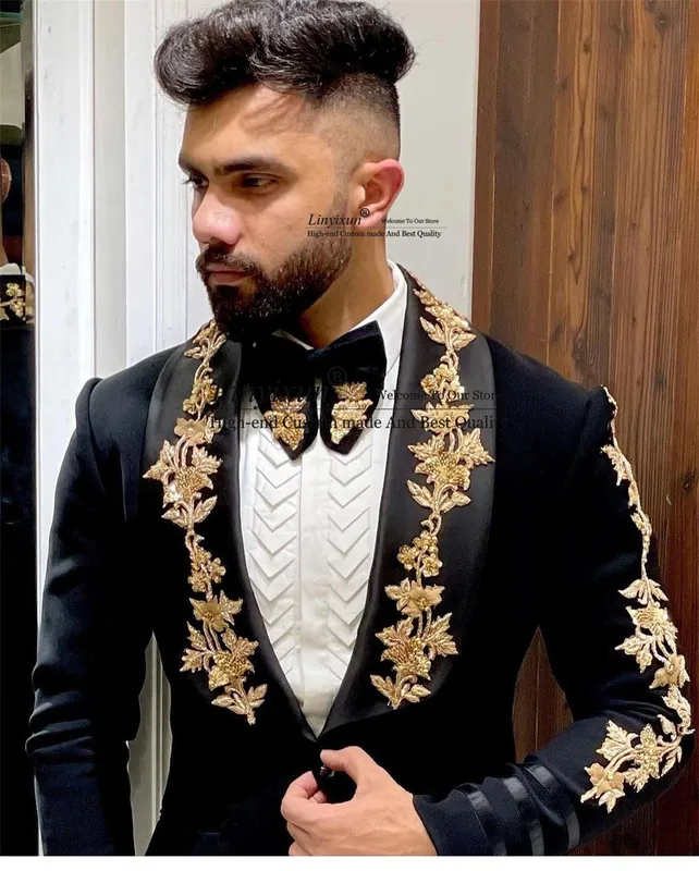 أسود الذهب السوداء الرجال بدلات 2 قطعة مجموعة وسيم العريس الزفاف Tuxedos Slim Fit