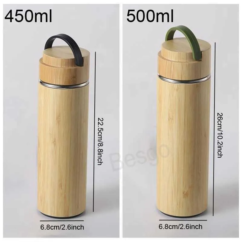 500ml Insulated Cups Bamboo Stainless Steel Vacuum Cup With Tea Strainer Portable Double Layer Mug Outdoor Travel Water Mugs