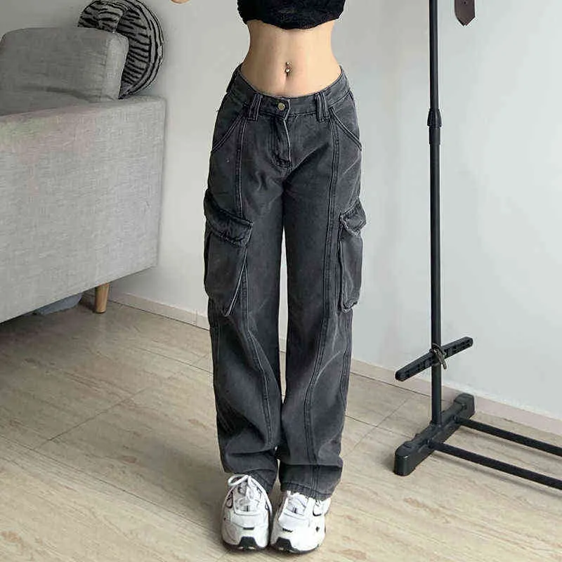 Casual Women Y2k Cargo Jeans Large Pockets Straight Jogging Pants Bottoms Vintage High Waisted Hippie Pants Baggy Jeans New Korean L220726