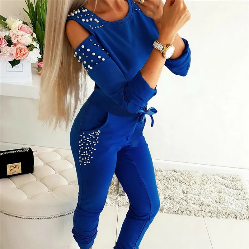 Dress Women Two Piece Zestaw Frezowanie Dekoracje Zimne Ramię Z Długim Rękawem Top + Spodnie Jogger Garnitur Kobiet Casual Lounge Nosić stroje 220315