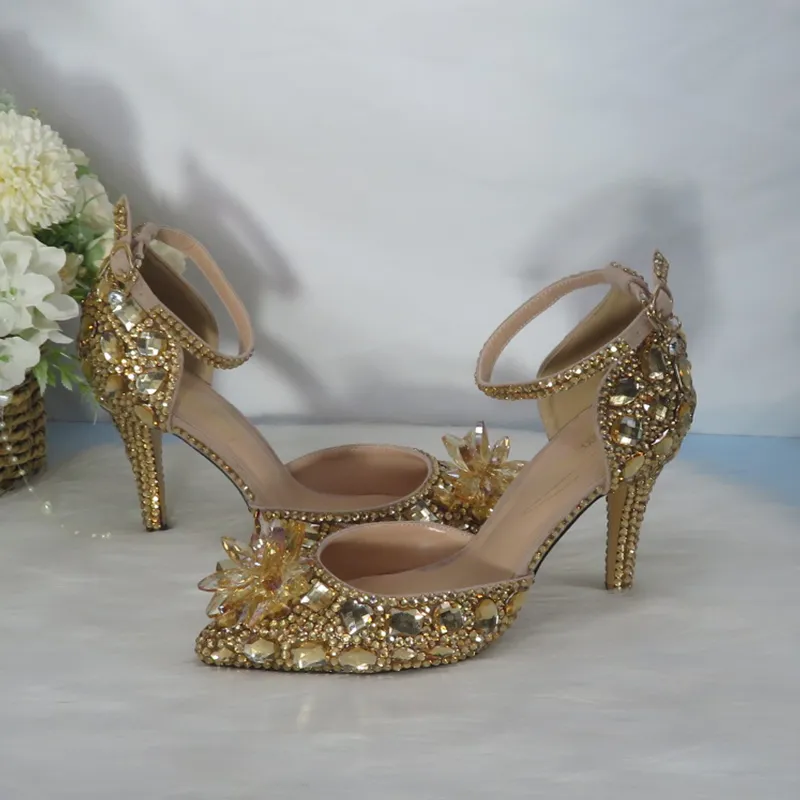 Champagne Golden Crystal Women Wedding Shoes High Heels Ankel Strap Shoe Party Dress 220315