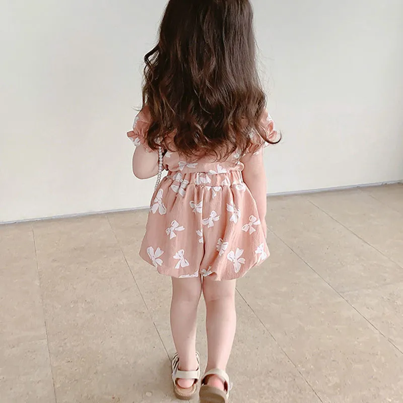 Summer Girls Suit Bow Tie Printing Square Neckline Blouse Shorts Toddler Baby Kids Clothes Children Clothing Sets 220620