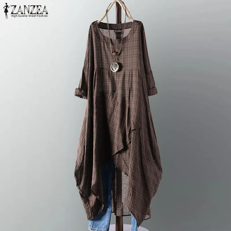 Zanzea asymmetrical Midi платье женское платье для проверки женского платья с длинным рукавом vestidos Летнее салат отдыха. Рубашка рубашка 220527
