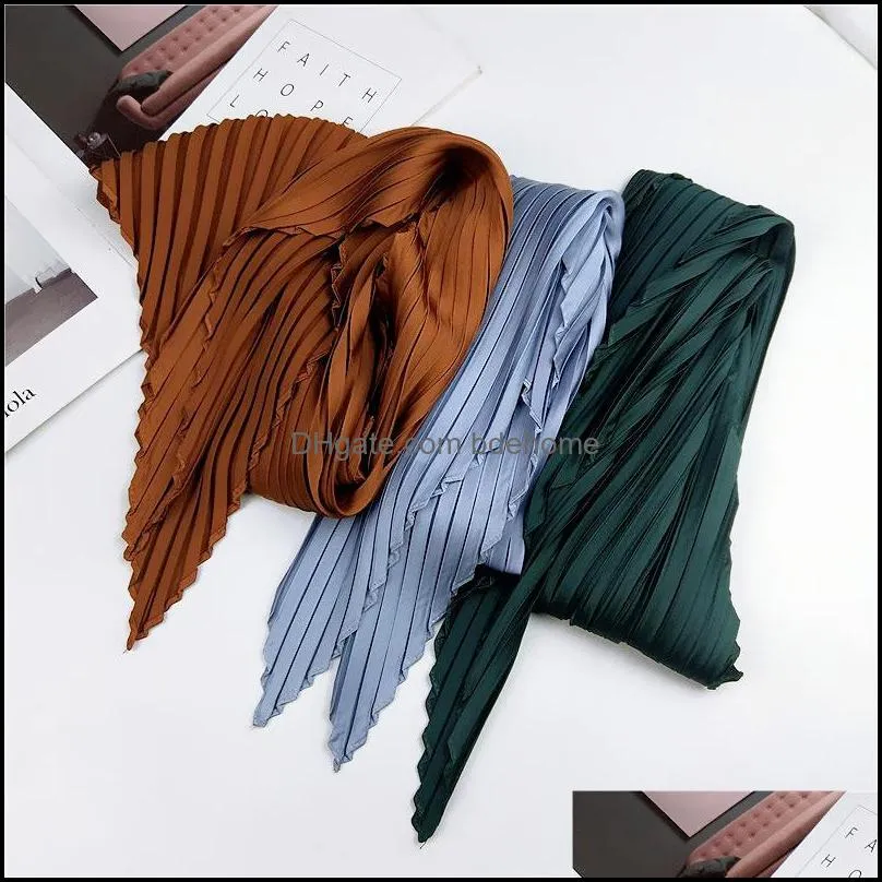 Women`s Retro Square Scarf Fashion Silk Pleated Head Hair Neck Solid Color Satin Neckerchief Scarves 3451 Q2