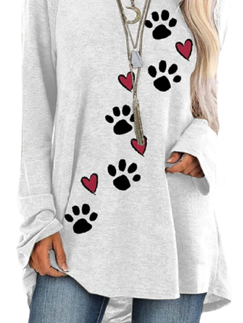 Autunno Donna Casual Zampa di cane Stampa T-shirt lunghe bianche O-Collo allentato Top manica lunga Ladies Street Pullover elegante Grigio Tees 2XL 220511