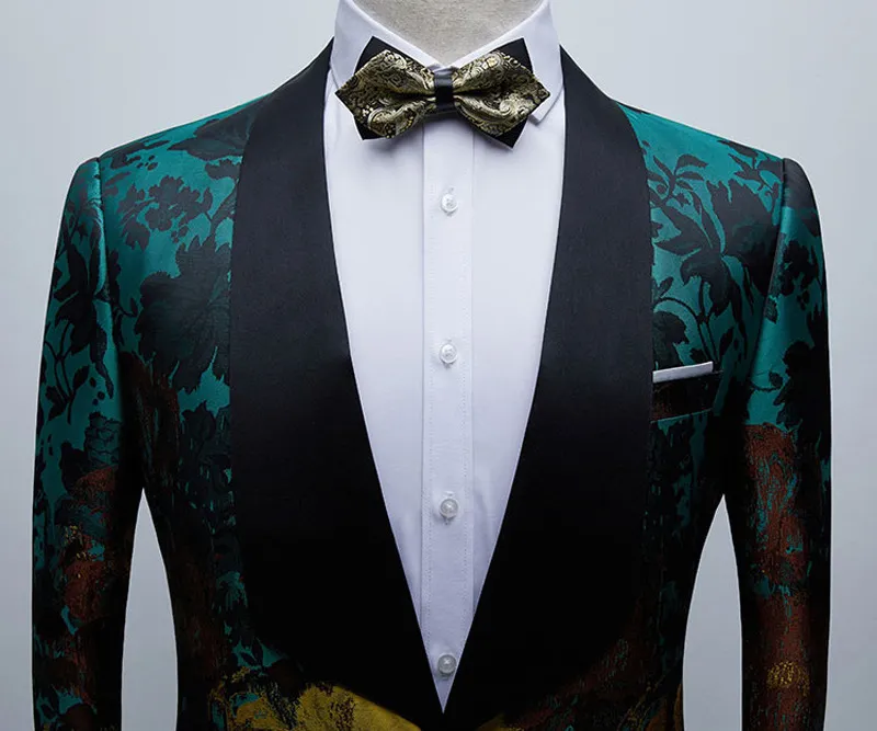 Men's Luxury Floral Print Green Dress Blazers One Button Shawl Lapel Men Tuxedo Suit Jacket Dinner Wedding Party Costume Homme 220815