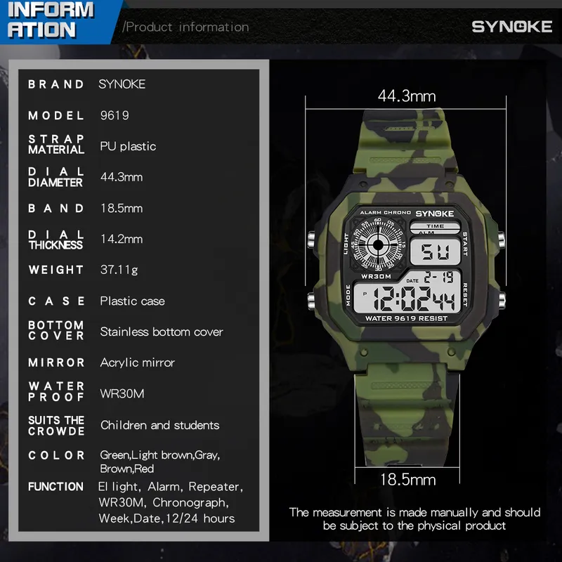 Synoke Mens Digital Watch Fashion Comouflage 군사 손목 시계 방수 방수 시계 시계 remogio masculino 220530291Q를 실행합니다.