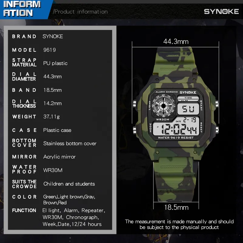 Synoke relógio digital masculino moda camuflagem militar relógio de pulso à prova dwaterproof água relógios correndo relogio masculino 2205302325