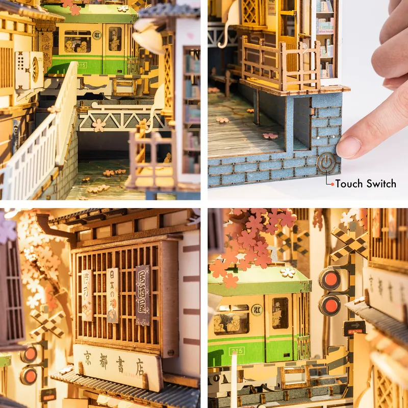 Robotime Rolife Sakura Densya Book Nook Kit de modèle de serre-livres de maison de poupée avec lumière LED Puzzle en bois pour décor d'étagère TGB01 220725