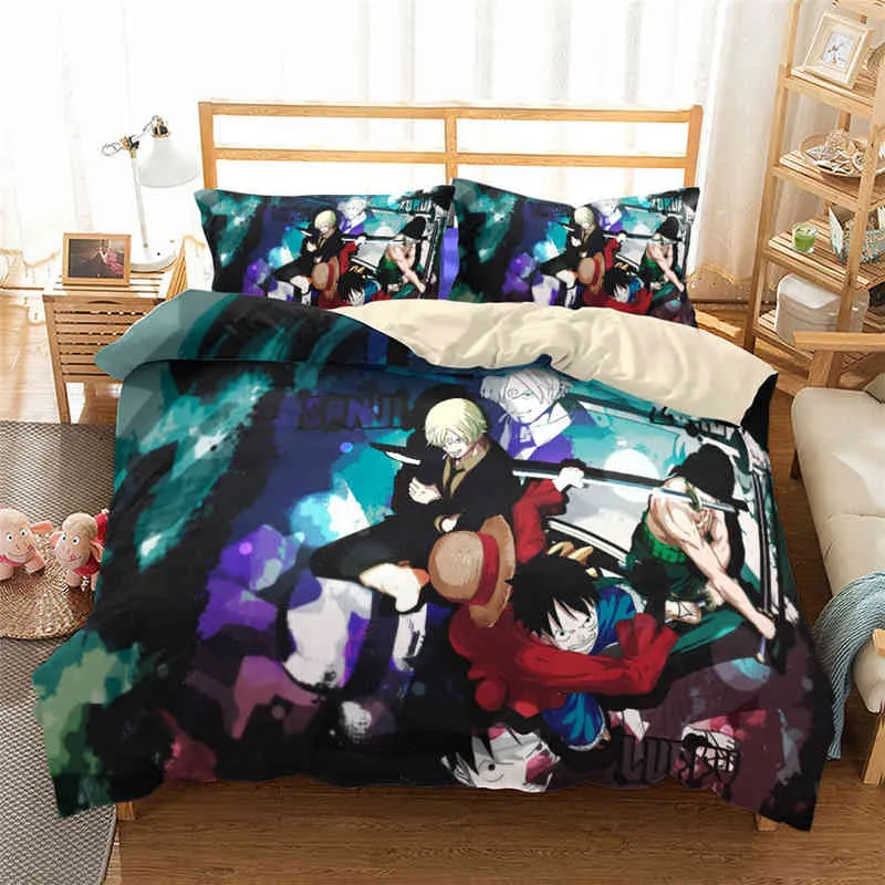 Japanese Anime Cartoon One Pieced Bedding Set Luffy Pillow Case Duvet Cover Single Double Large Bedroom Bed Decoration