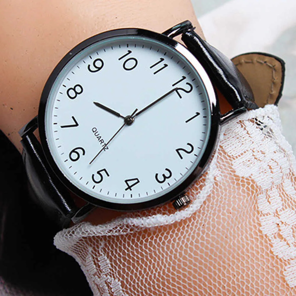 Montre-bracelet unisexe avec chiffres arabes pour femmes, cadran rond minimal, classique, bracelet en cuir noir, à la mode